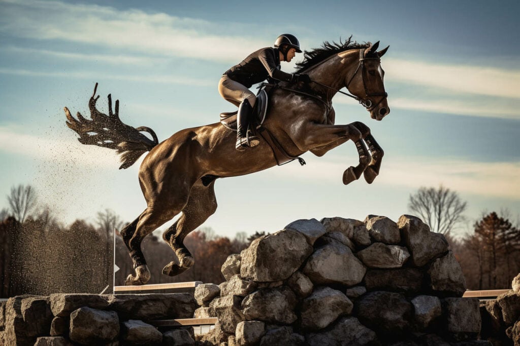 Horse jumping through the fence