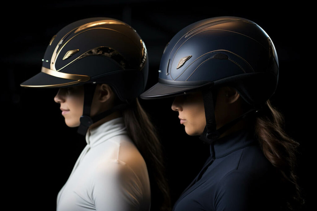 Two girls in modern horse riding helmets