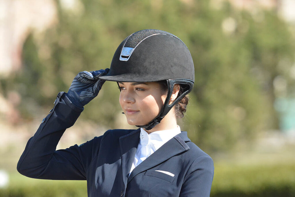 Girl wearing Samshield Alcantara helmet