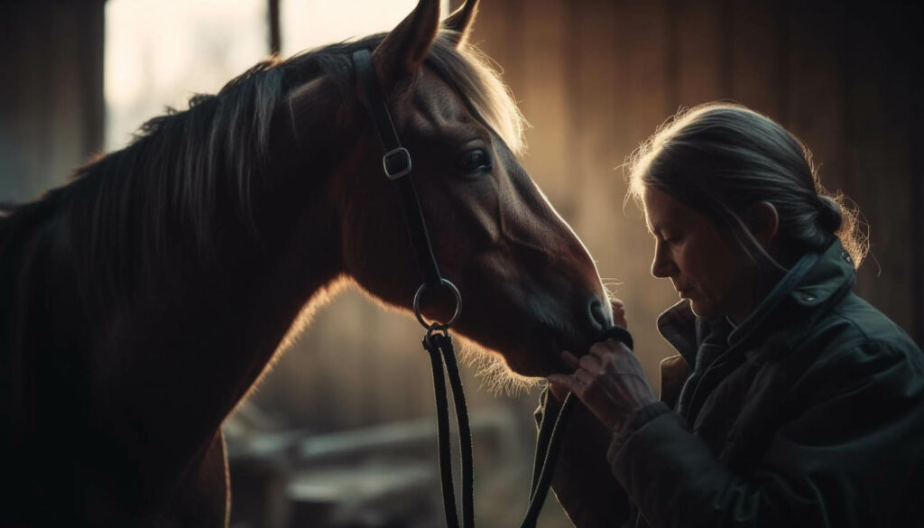 Horse and its owner in a stable